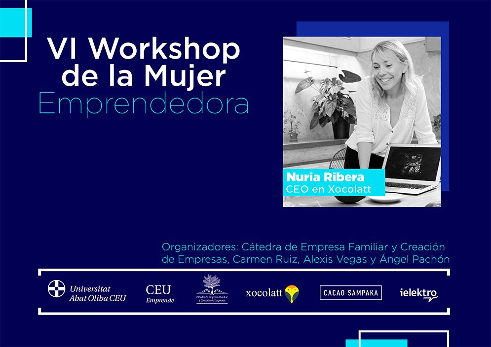 A poster about a workshop for female entrepreneurs, in the right corner there is a woman smiling next to chocolate and cacao beans in front of her laptop.